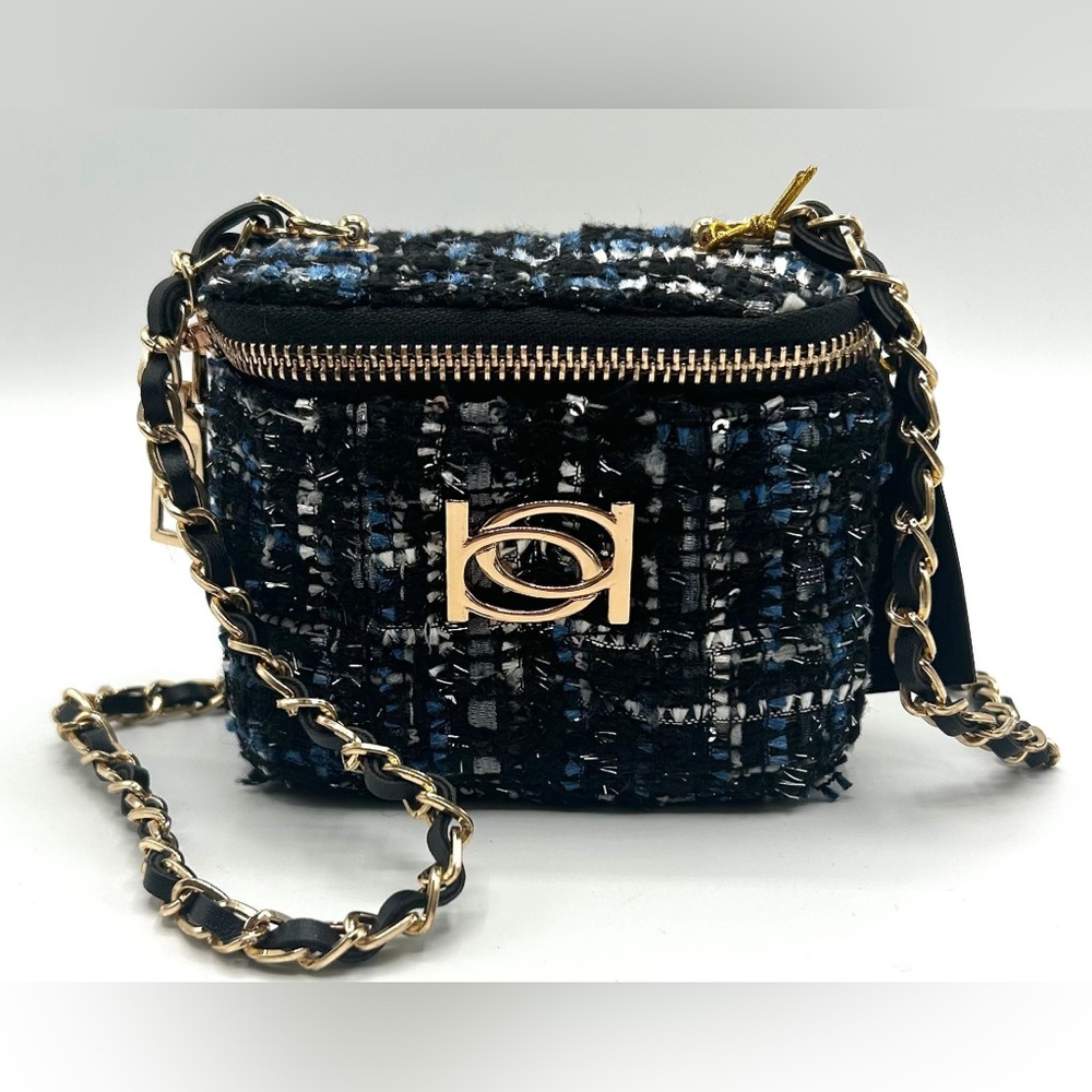 New BeBe Black and Blue Mini Tweed Crossbody Bag